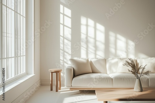 Modern minimalist living room with sunlight streaming through window