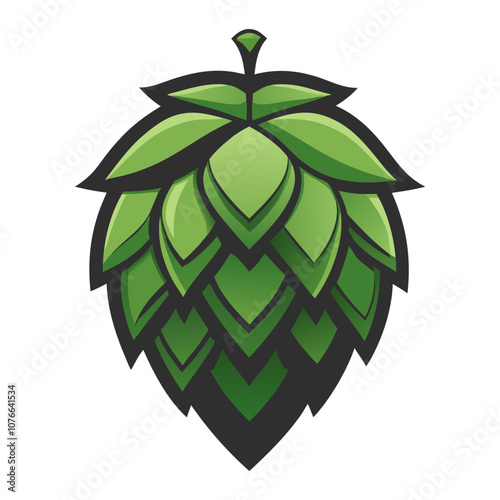 Stylized green hop cone, a key ingredient in beer brewing, is depicted against a white background, emphasizing its freshness and importance in the brewing process