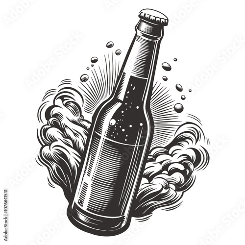 Vintage style beer bottle splashes with foam and bubbles, perfect for brewery branding