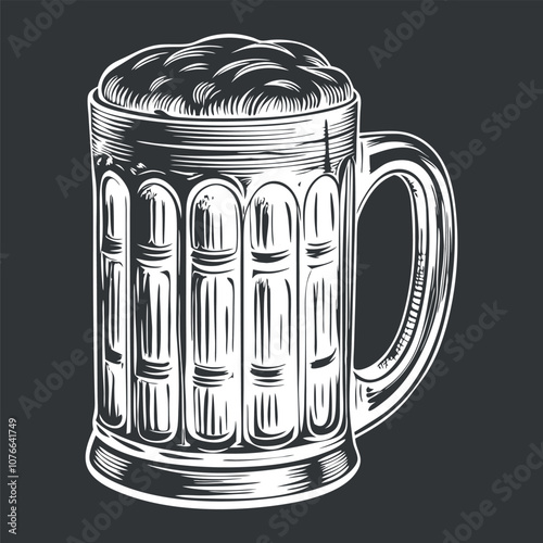 Vintage style illustration showcasing a hefty beer mug with intricate designs, brimming with a frothy head of beer, ready for a refreshing sip