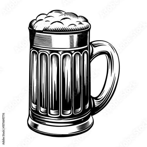 Vintage style overflowing beer mug with foam in a detailed black and white woodcut style conveying a sense of classic refreshment and enjoyment