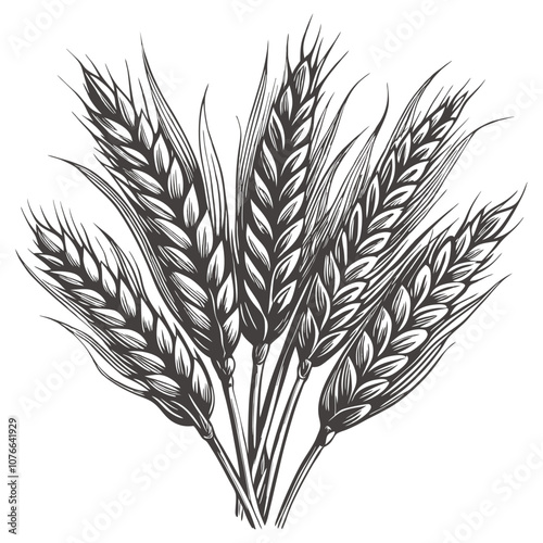 Hand drawn bunch of barley malt spikes with leaves, an important ingredient for brewing beer, isolated on white background