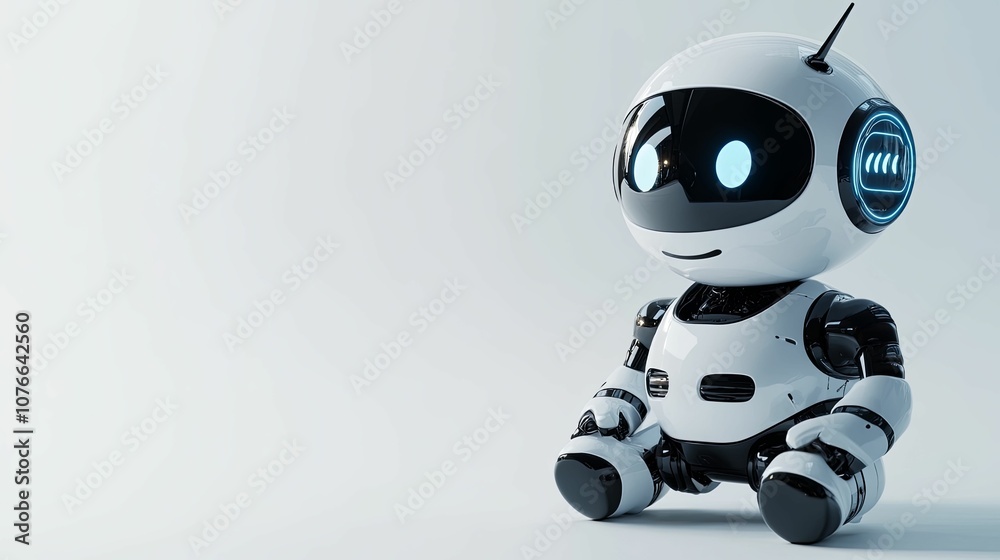 White and Black Robot with Blue Lights Sitting on a White Background White and Black Robot with Blue Lights Sitting on a White Background