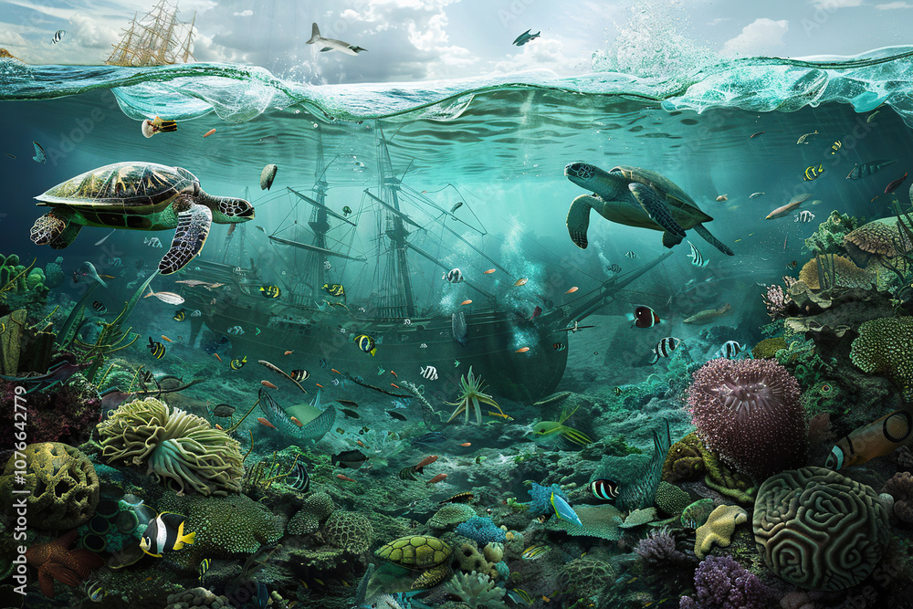 Fototapeta premium Underwater view of an sunken ship on seabed with fish swimming around