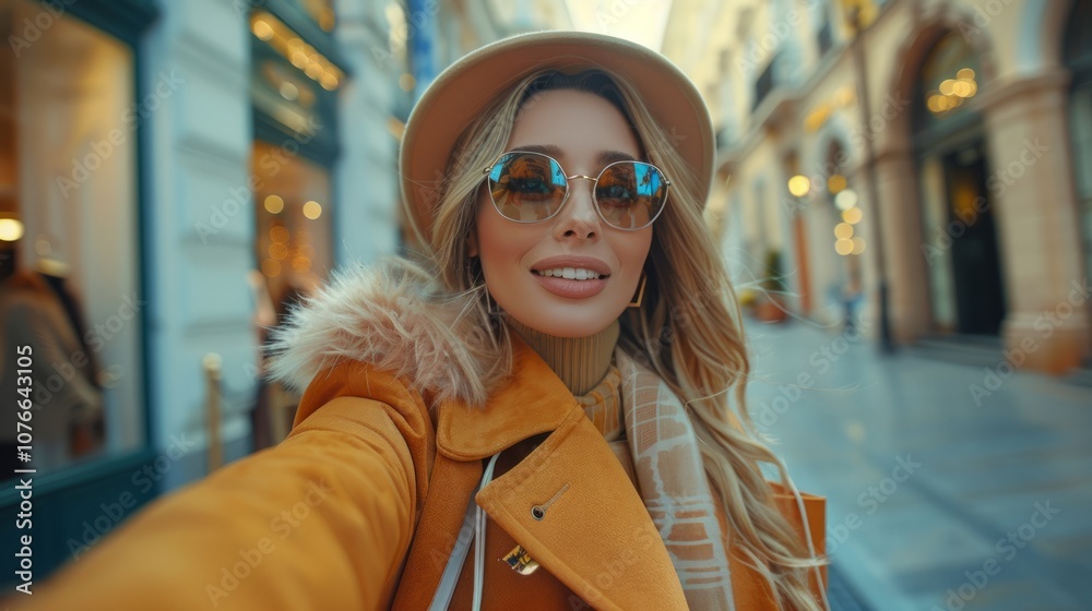 A young woman in a stylish outfit takes a selfie while walking down a street lined with shops. A young woman in a stylish outfit takes a selfie while walking down a street lined with shops.