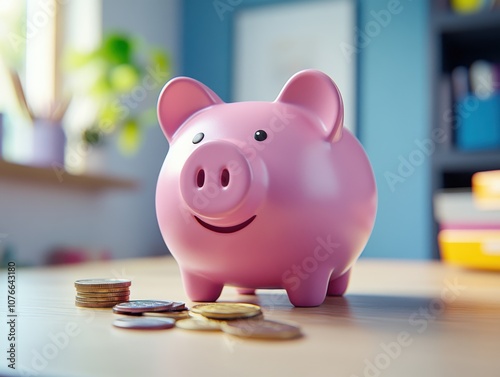 Piggy bank filled with coins, saving money concept, financial security, personal finance, classic design, close up, whimsical, manipulation, wooden desk backdrop photo