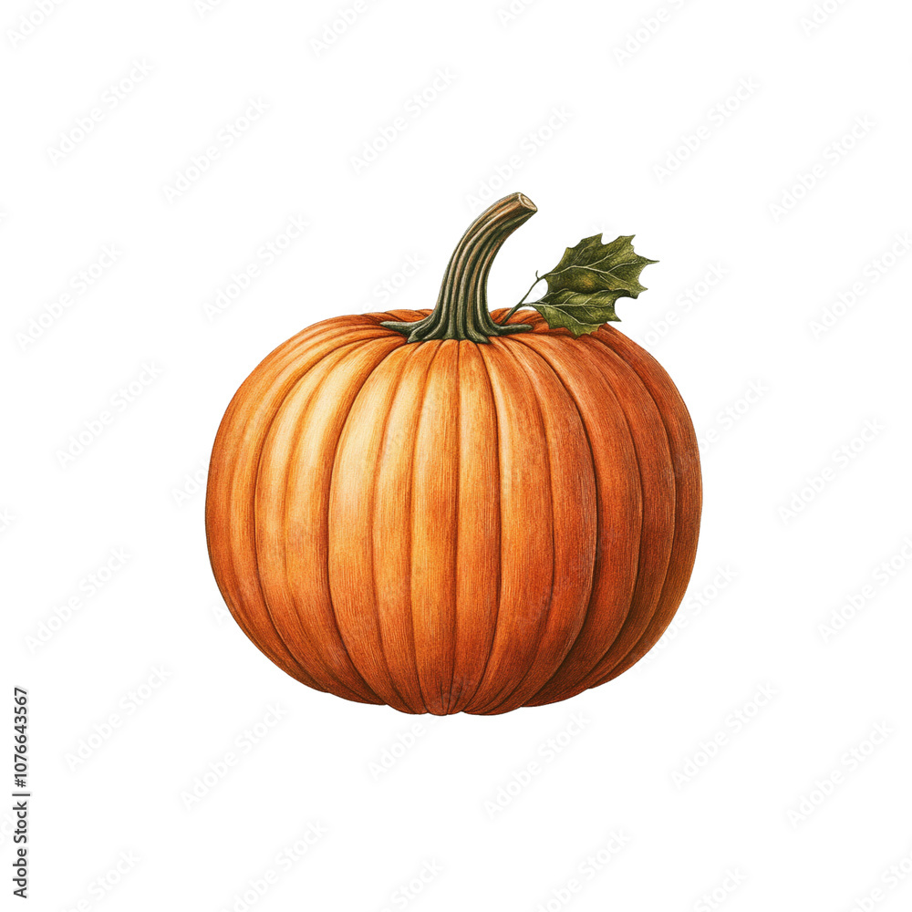 Obraz premium Realistic orange pumpkin with green stem and leaf, perfect for autumn decor