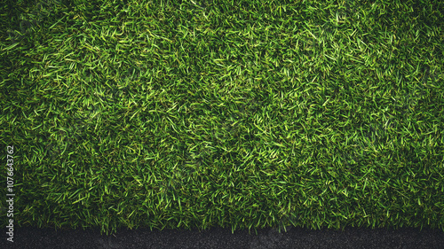 Vibrant green grass growing lushly in a well-maintained lawn under bright sunlight photo