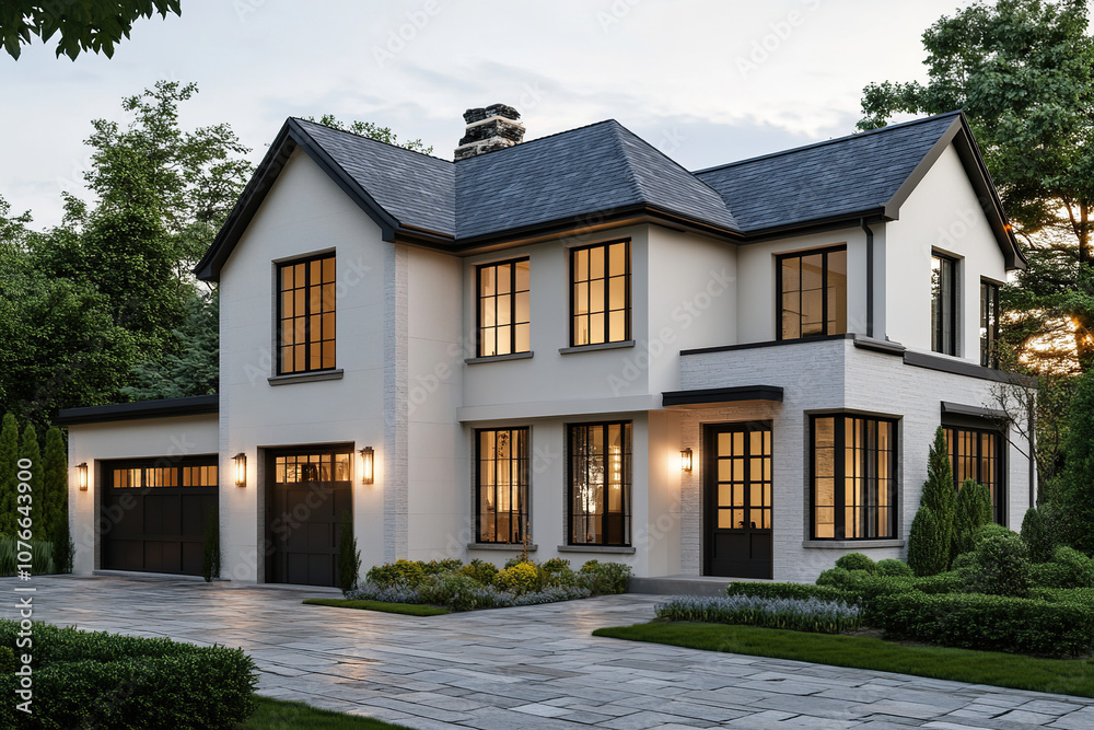 A two-story house with white walls, black windows, and dark wood accents, set in an elegant European-style garden, featuring large garage doors on one side of the building. A two-story house with white walls, black windows, and dark wood accents, set in an elegant European-style garden, featuring large garage doors on one side of the building.