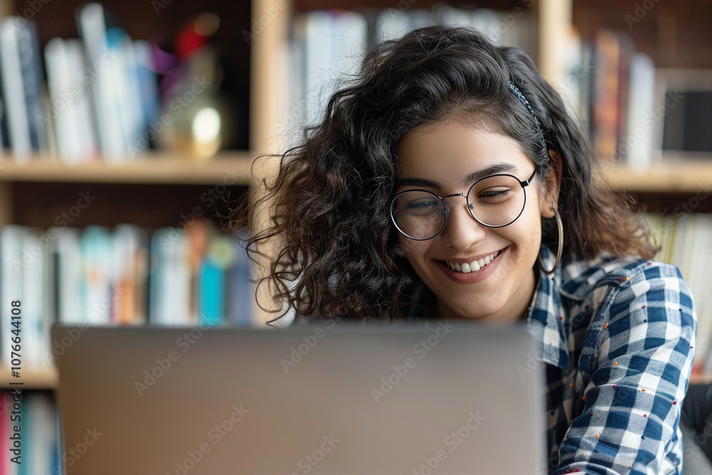Generative AI Image of a Female College Student Engaged in Remote Learning with Laptop at Home Library Generative AI Image of a Female College Student Engaged in Remote Learning with Laptop at Home Library