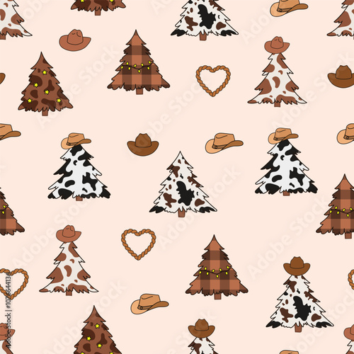 Cowboy Christmas tree. Seamless pattern. Wild west new year