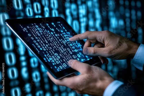 Businessman touching a digital hologram of binary code and data

 photo