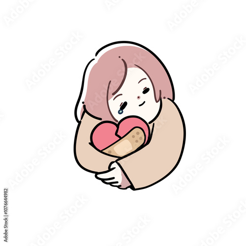傷付いたハートを抱きしめる女性のイラスト