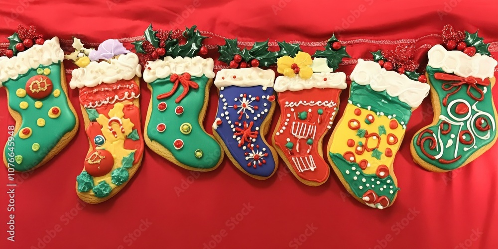 Obraz premium Brightly colored Christmas stockings featuring intricate designs hang on a vibrant red backdrop, creating a cheerful festive atmosphere for holiday gatherings and celebrations.