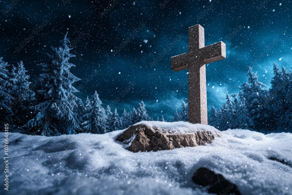 Serene Winter Landscape with Snow-Covered Cross Surrounded by Tall Trees Under a Starry Night Sky, Capturing Nature's Peaceful Essence in a Snowy Scene Serene Winter Landscape with Snow-Covered Cross Surrounded by Tall Trees Under a Starry Night Sky, Capturing Nature's Peaceful Essence in a Snowy Scene