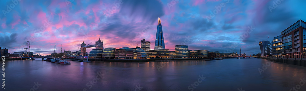 Obraz premium Panoramic photo of the London skyline, River Thames, at dusk, with buildings in the background