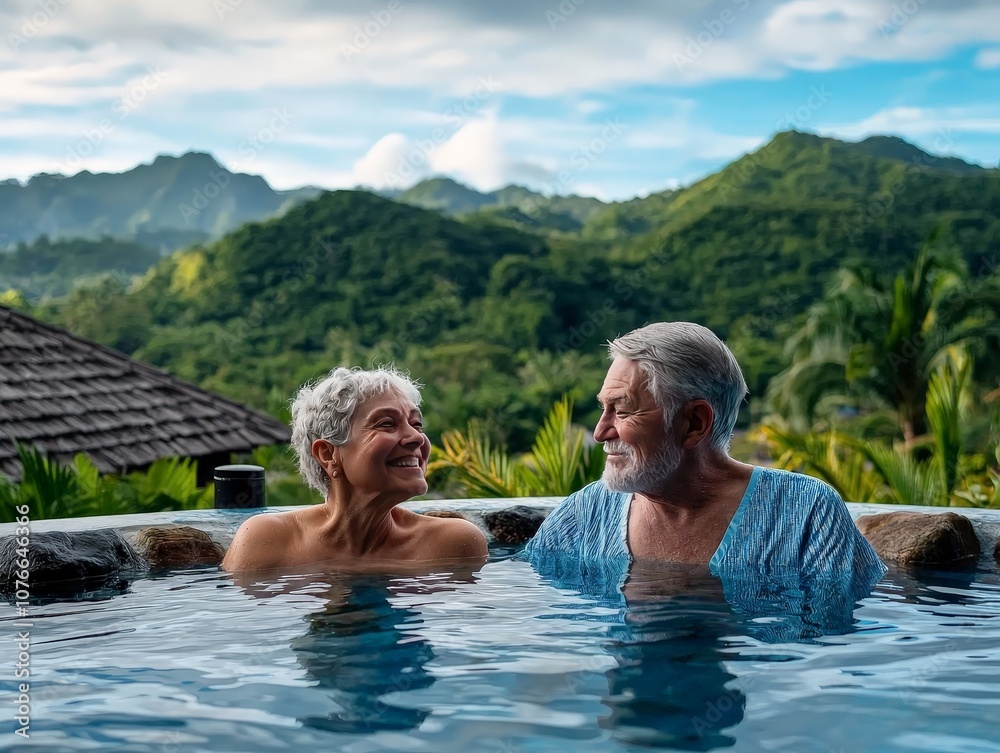 Fototapeta premium Elderly Couple Enjoying a Relaxing Bath in Warm Mineral Water Surrounded by Nature with Scenic Mountains in Background on a Sunny Day