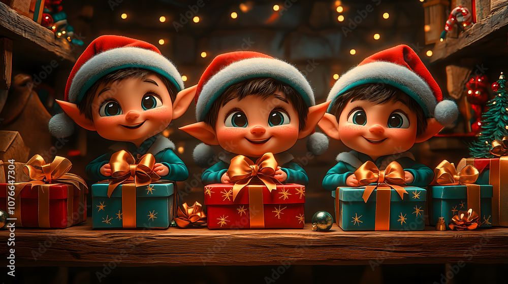 Fototapeta premium Adorable Christmas Elves with Gift Boxes in Santa's Workshop