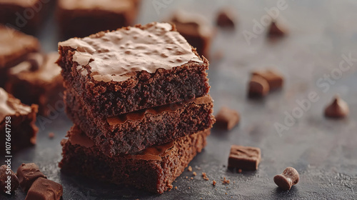 Delicious chocolate brownies stacked on dark surface, showcasing rich, fudgy texture and topped with glossy layer. Perfect for dessert lovers! photo