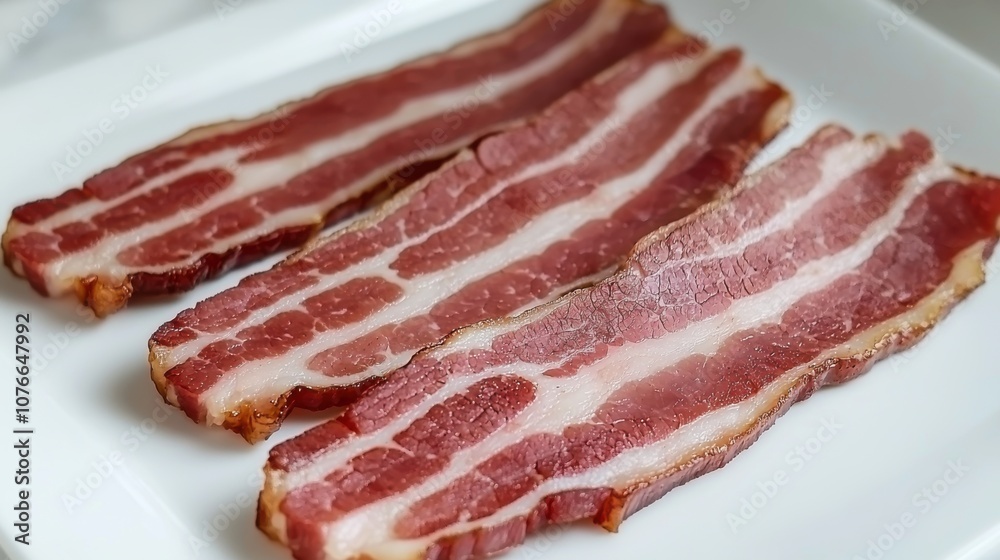 Three slices of raw bacon displayed on a white plate. Three slices of raw bacon displayed on a white plate.