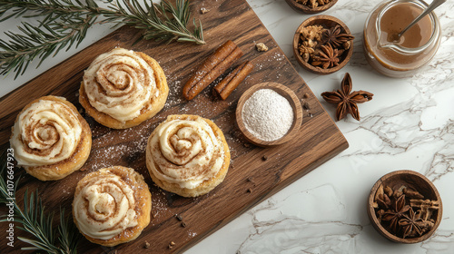 Delicious cinnamon rolls topped with creamy frosting, served on wooden board with spices and powdered sugar. Perfect for cozy dessert experience