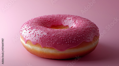 classic pink donut with sprinkles on soft pink background, evoking sense of sweetness and indulgence. Perfect for dessert lovers! photo