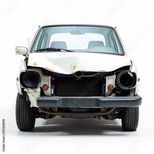 Car crash, broken car is isolated on white background