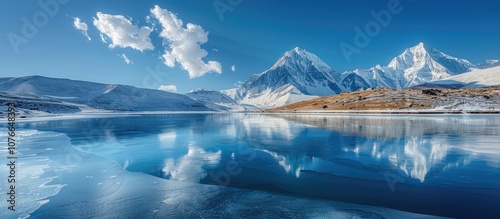 Snow-capped Mountains Reflecting in a Frozen Lake