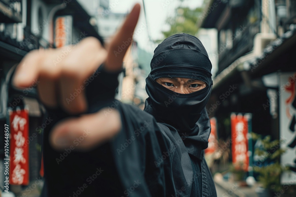 Japanese ninja warrior dressed in samurai clothes holding sharp sword Japanese ninja warrior dressed in samurai clothes holding sharp sword