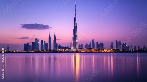 A stunning skyline view featuring a tall tower against a purple sunset reflection.