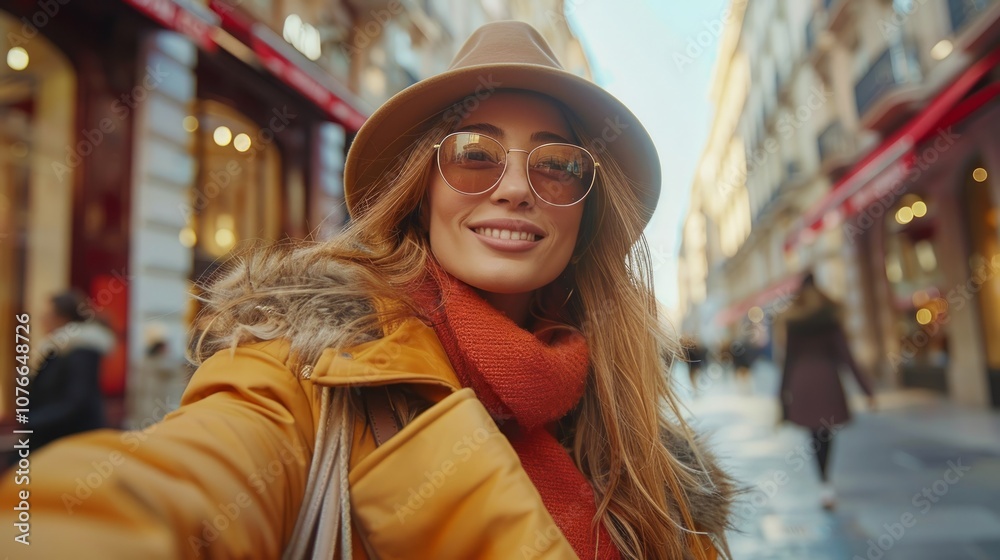 A young woman wearing a hat, sunglasses, and a scarf smiles as she walks down a busy city street. A young woman wearing a hat, sunglasses, and a scarf smiles as she walks down a busy city street.