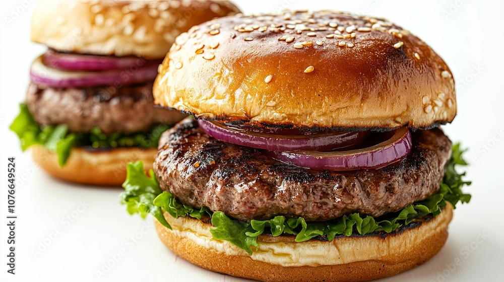 Close-up of a Juicy Cheeseburger with Lettuce and Red Onion Close-up of a Juicy Cheeseburger with Lettuce and Red Onion