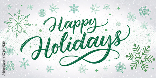 Classic Green Happy Holidays Script Banner with Light Dots and Snow on White Background