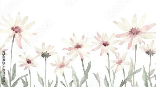 A soft watercolor depiction of white and pink flowers gently swaying in the breeze, exuding a fresh, tranquil ambiance.