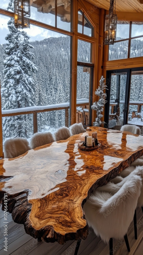Elegant wooden dining table set in a cozy cabin surrounded by winter scenery Elegant wooden dining table set in a cozy cabin surrounded by winter scenery