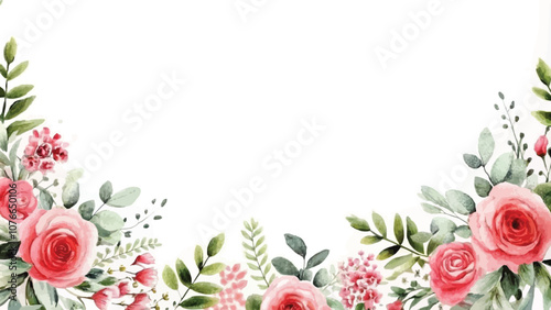 Watercolor floral border with pink roses and green leaves on white background.