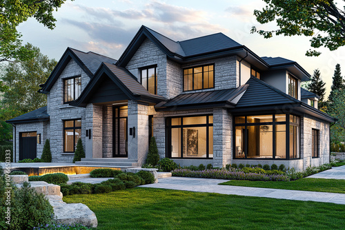 The exterior front view of an elegant two-story luxury home, featuring large windows and stone accents on its facade. The house has three tall, black-roofed gable boxes above a central main floor.