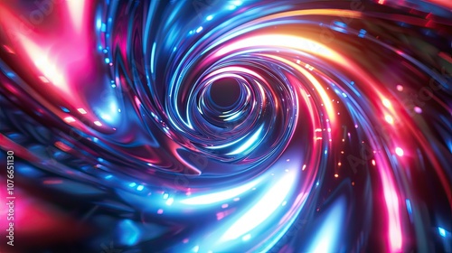 Abstract luminous spiral light trails with fluid motion, black background, 3D render.