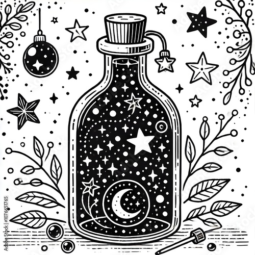 Black and white illustration of a glass bottle filled with stars, moon, and celestial elements, evoking a magical night sky in a jar concept.