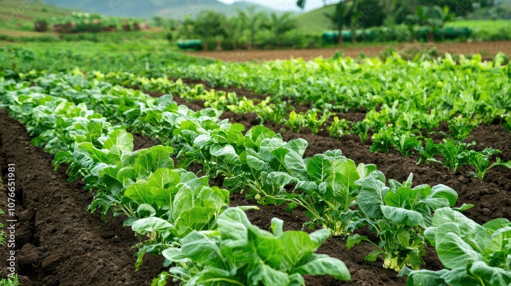 Rows of green leafy vegetables growing in a field with brown soil, green hills in the background.