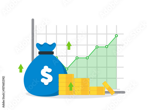 Finance performance of return on investment ROI concept with arrow. income salary rate increase. business profit growth margin revenue. cost sale icon. dollar symbol flat style illustration