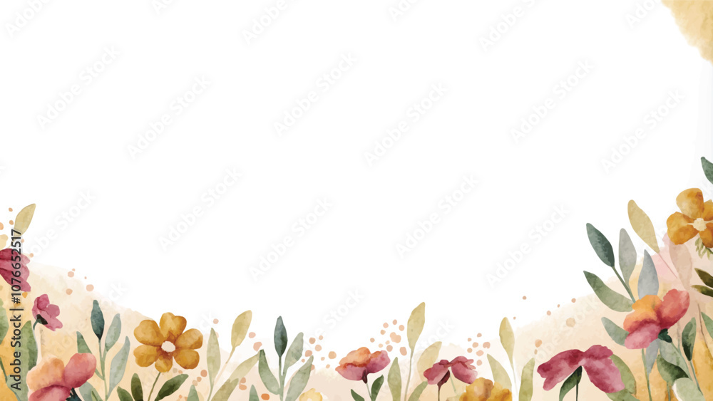 Fototapeta premium Watercolor floral border. Hand painted flowers and leaves isolated on white background.