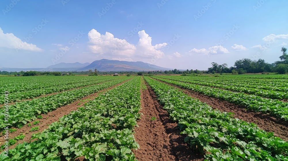 A vast field of green crops extends towards a distant mountain range under a clear blue sky, with fluffy white clouds in the distance.