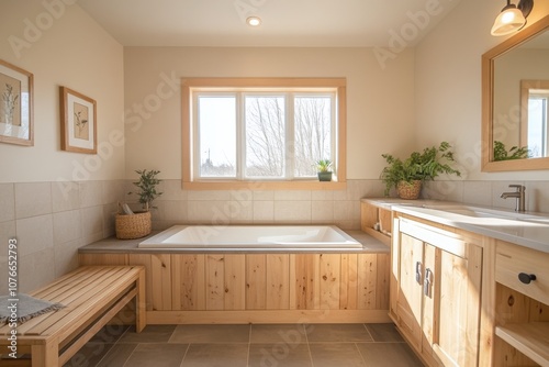 Modern minimalistic bathroom design with natural light and wooden accents in a serene environment