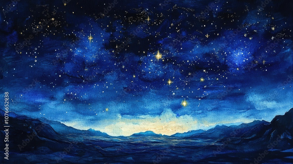 Enchanting Starry Night Sky with Glowing Constellations in Dreamy Watercolor Style Serene and Atmospheric Cosmic Landscape with Deep Blue Hues and Glowing Stars Enchanting Starry Night Sky with Glowing Constellations in Dreamy Watercolor Style Serene and Atmospheric Cosmic Landscape with Deep Blue Hues and Glowing Stars