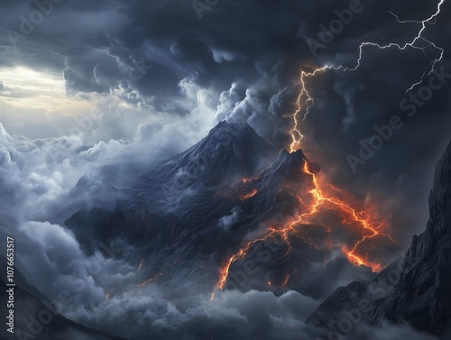 Dramatic scene of a volcano erupting with lightning bolts striking through thick ash clouds. Fiery lava spews from the crater, contrasting against the dark, stormy sky
