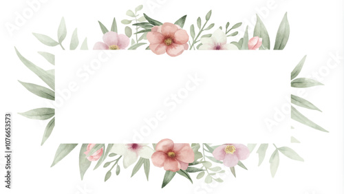 Watercolor floral frame isolated on white background. Hand painted illustration.