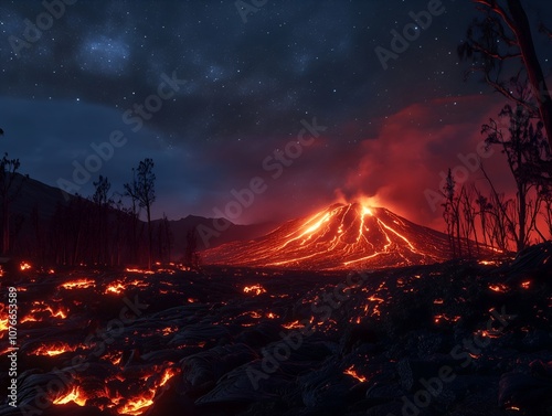 Dramatic scene of a volcano erupting with lava spewing from the crater, thick ash clouds, and a fiery contrast against the dark sky, showcasing nature's raw power