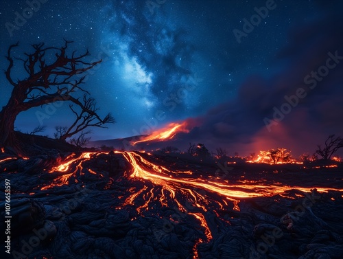 Dramatic scene of a volcano erupting with lava spewing from the crater, thick ash clouds, and a fiery contrast against the dark sky, showcasing nature's raw power