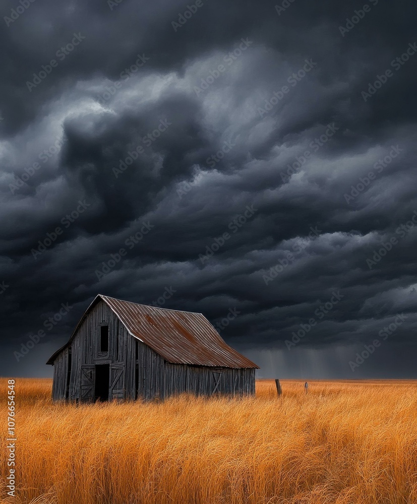 A Rustic Barn Amidst Golden Grasses Under a Dramatic Stormy Sky: Capturing the Tranquility and Tension of Rural Landscapes A Rustic Barn Amidst Golden Grasses Under a Dramatic Stormy Sky: Capturing the Tranquility and Tension of Rural Landscapes